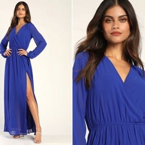 LULUS Long Sleeve Romantic Flowy Formal Event Royal Blue Gown